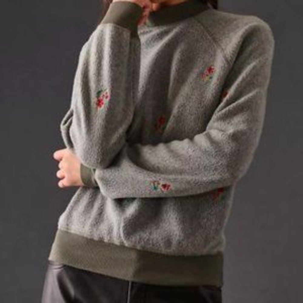 Anthropologie T.la embroidered mockneck pullover in moss, floral design, XS